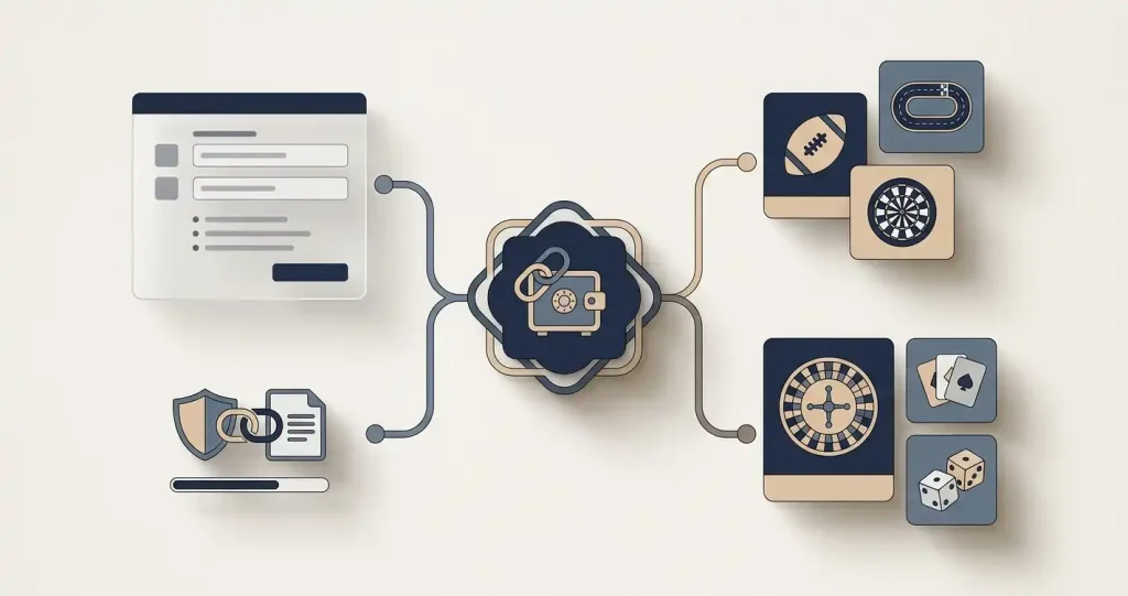 Editorial illustration of registration, verification and a shared account connecting betting and casino products