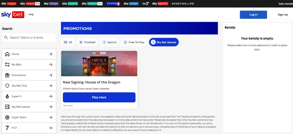 Current Sky Bet Games promotions area showing any live casino offer at capture time