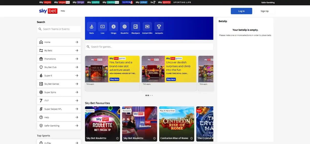Sky Bet Games category navigation and search interface