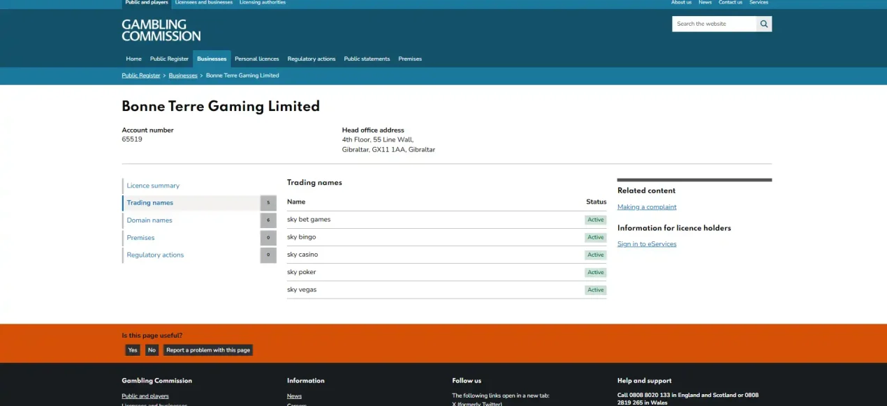 Gambling Commission public register entry for Bonne Terre Gaming Limited and Sky Bet Games