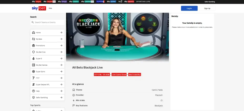 Sky Bet Games All Bets Blackjack live game detail page