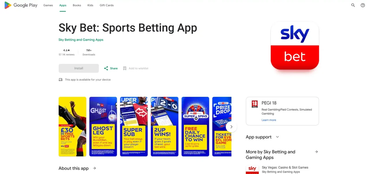 Official Sky Bet sports betting app listing shown on a mobile app store