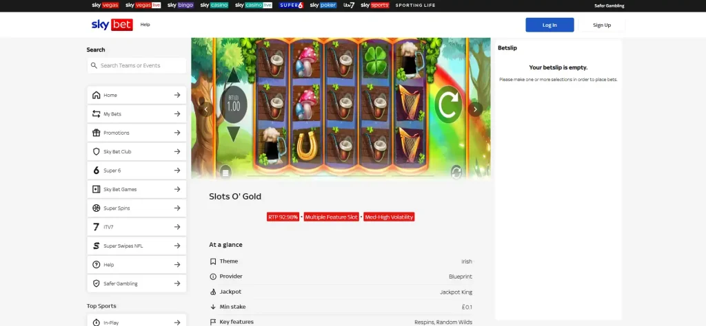 Sky Bet Games Slots O' Gold detail page with provider and game information