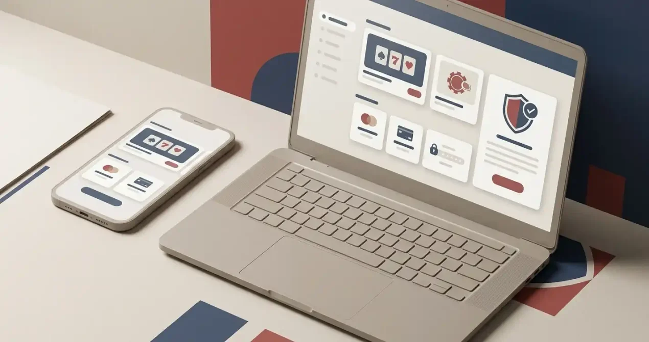 Editorial illustration representing a UK online casino review with games, payments and licence checks