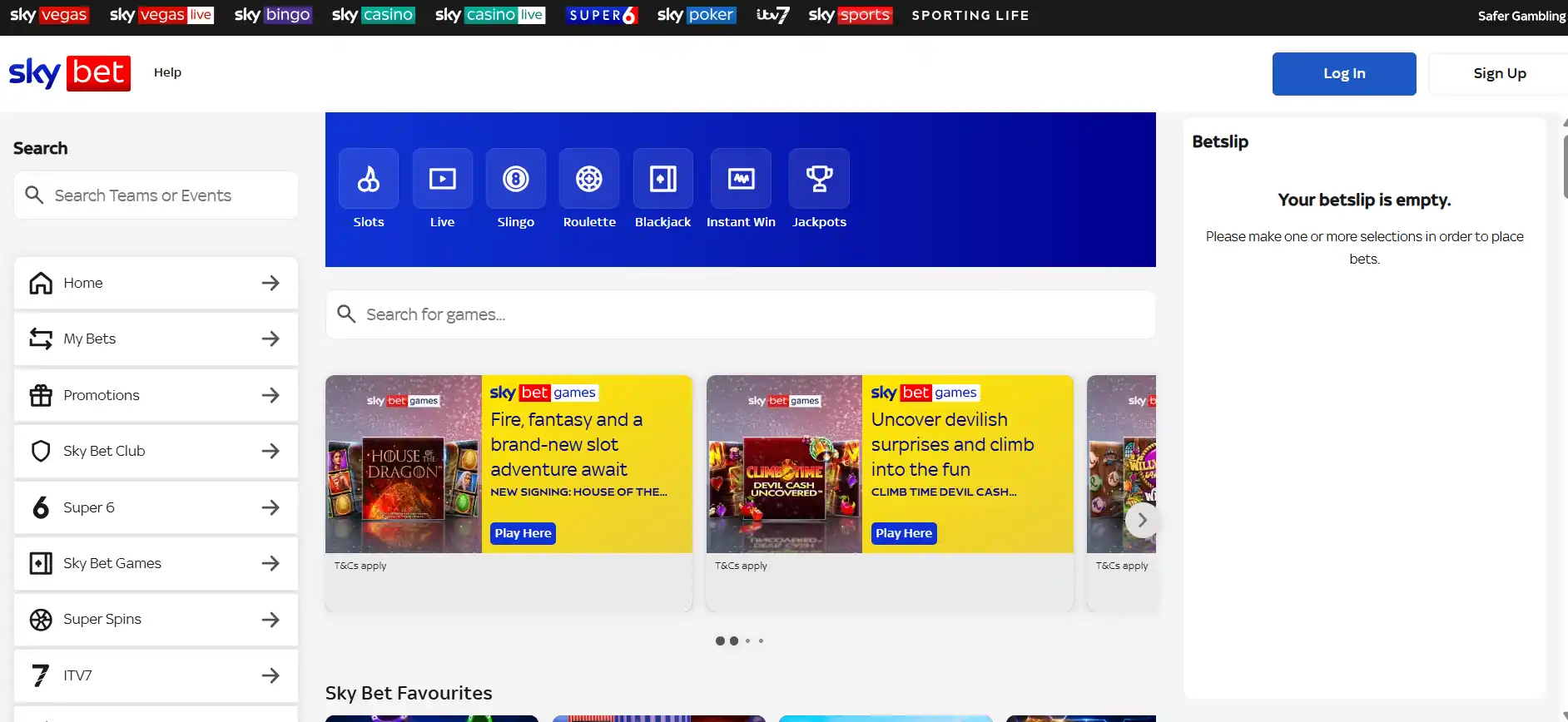Current Sky Bet Games category navigation